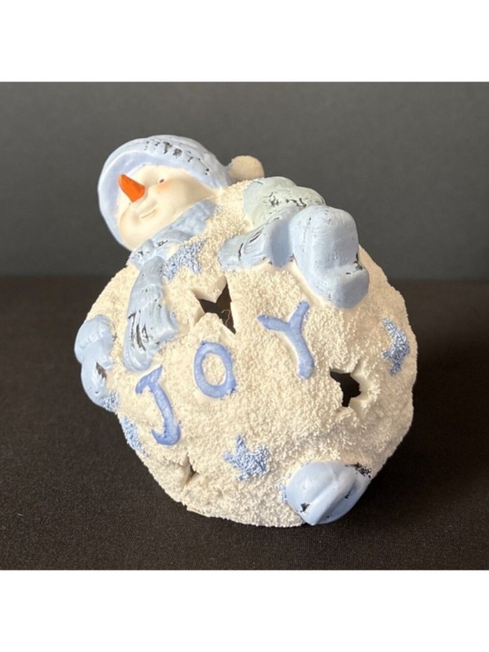 Christmas Snowman Figurine Tea Light Candle Holder Joy Winter Blue White 4" - Picture 4 of 11